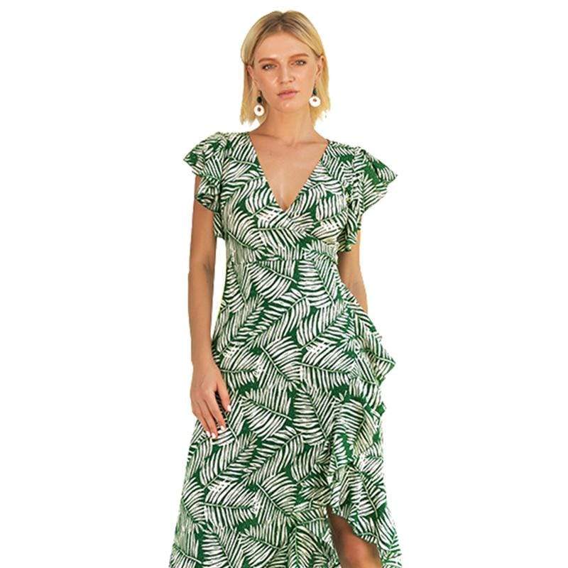 Women Vacation Style Unique Cap Sleeves Leaves Printed Irregular Dress