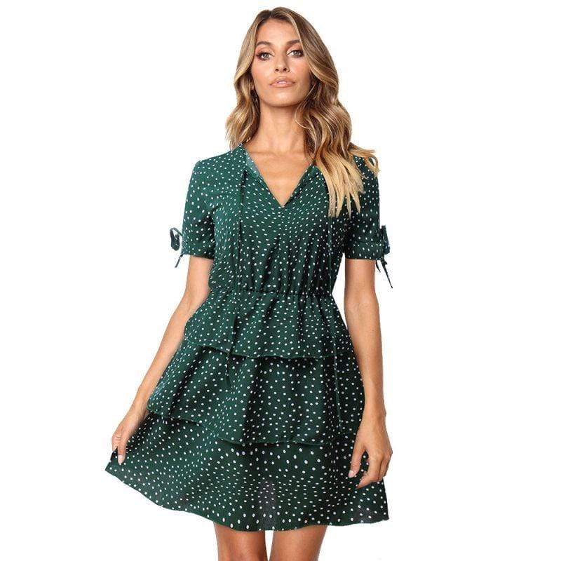 Women Vacation Style V Neck Polka Dot Printed Chiffon Dress