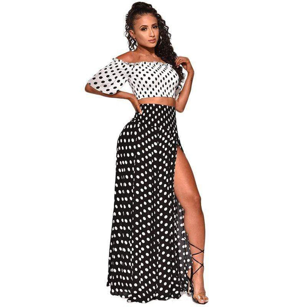 Women Vintage Contrast Polka Dot Print Off-shoulder Crop Top Side-slit Skirt Two-piece Set