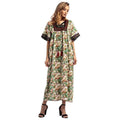 Women Vintage Floral Embroidered Short Sleeves Maxi Dress