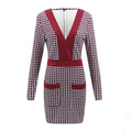 Women Vintage Plaid Pattern Long-sleeve V Neck Dress