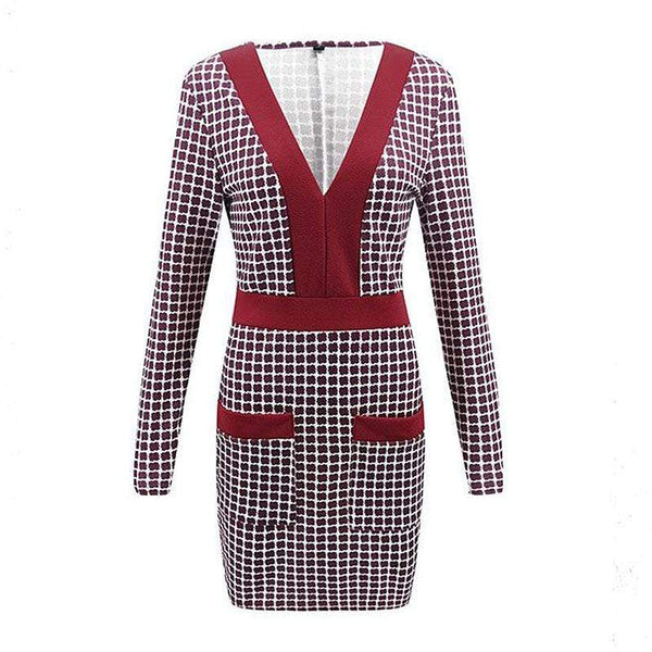 Women Vintage Plaid Pattern Long-sleeve V Neck Dress