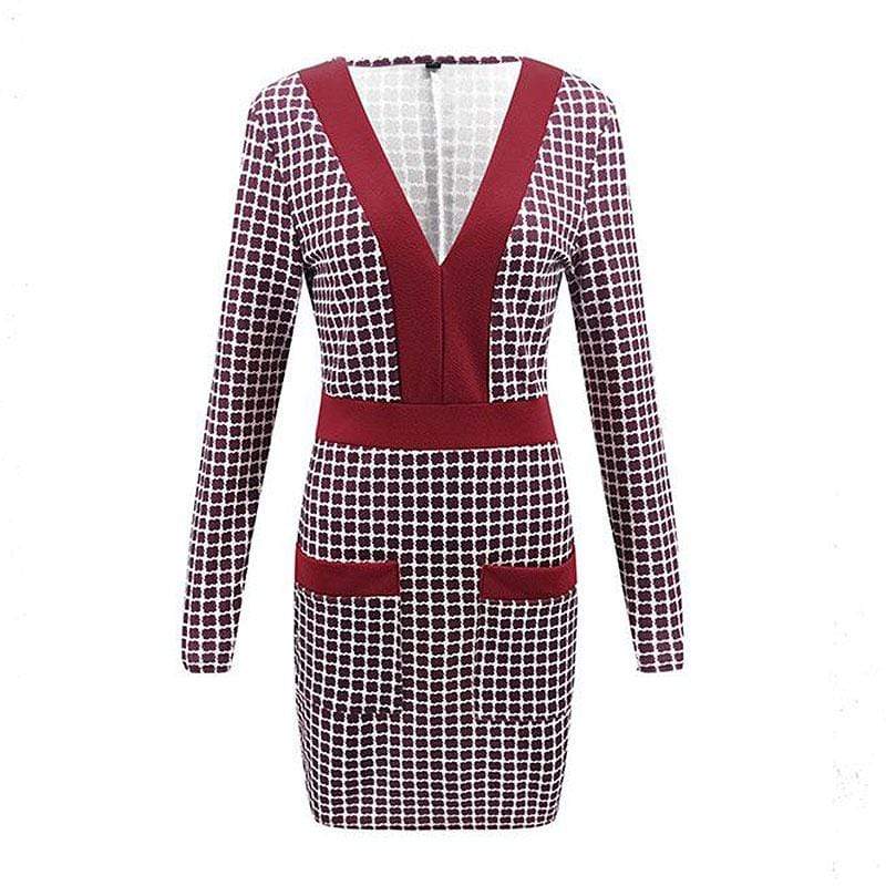 Women Vintage Plaid Pattern Long-sleeve V Neck Dress