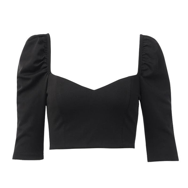 Women Vintage Square V Neck Medium Sleeve Plain Color Cropped Top