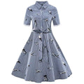 Women Vintage Stripes Cranes Printed Lapel Collar Short Sleeves Dress
