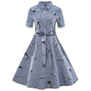 Women Vintage Stripes Cranes Printed Lapel Collar Short Sleeves Dress