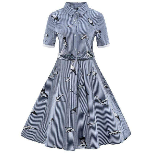 Women Vintage Stripes Cranes Printed Lapel Collar Short Sleeves Dress