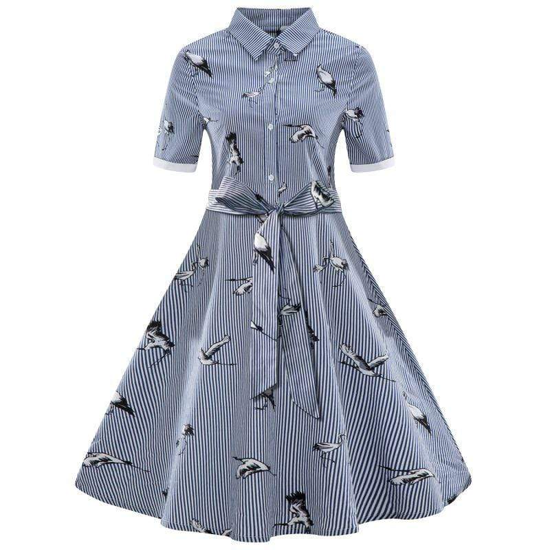 Women Vintage Stripes Cranes Printed Lapel Collar Short Sleeves Dress