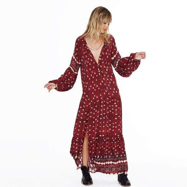 Women Vintage Style Long-sleeve Loose Pattern Maxi Dress