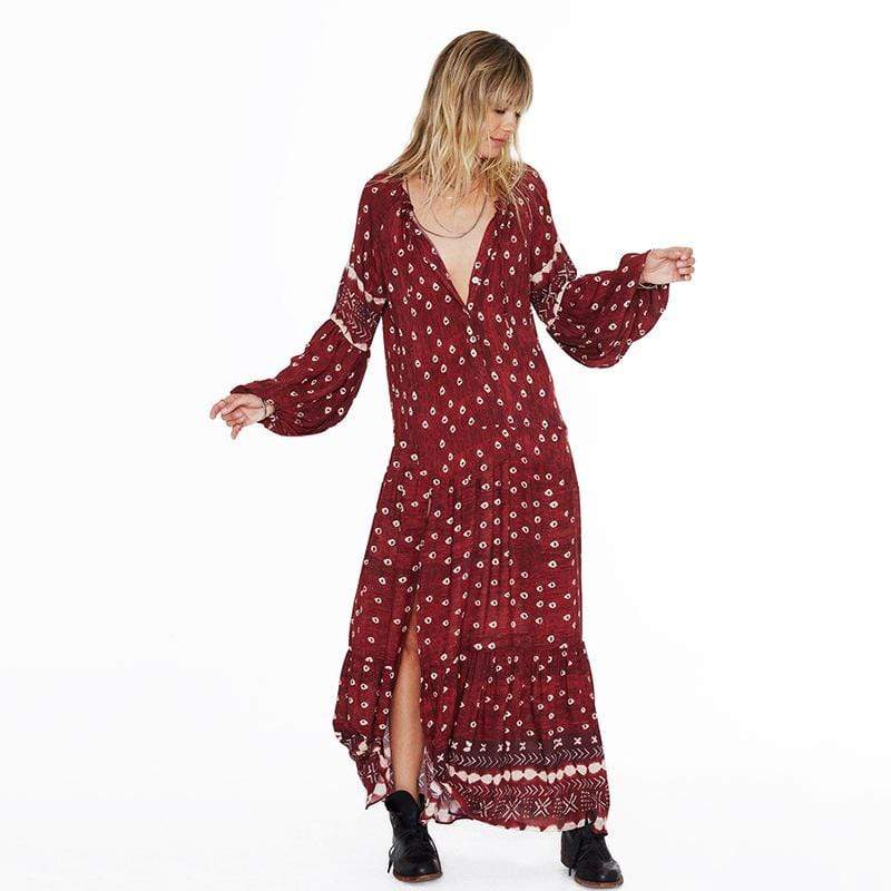 Women Vintage Style Long-sleeve Loose Pattern Maxi Dress