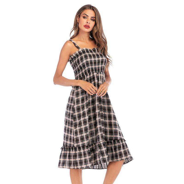 Women Vintage Style Ruffled Defined Waisted Checkered Print Slip Dress