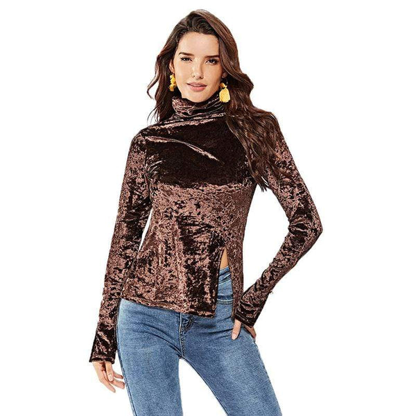 Women Vintage Style Solid Color Velvet Fabric Long Sleeves Casual T-Shirt