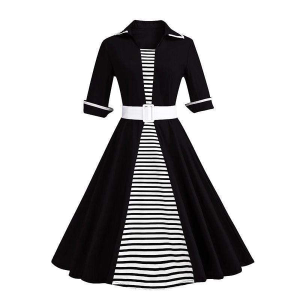 Women Vintage Style Stripes Pattern Lapel Collar Defined Waist Dress