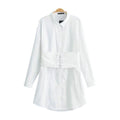 Women White Color Long-sleeve Belted Shirt Dress
