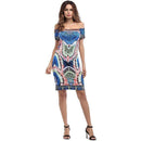 Young Lady Bright Color Unique Print Sweet Off-shoulder Side Slit Dress
