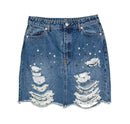 Young Women Fashion Imitation Pearl Decorated Unique Ripped Denim Skirt