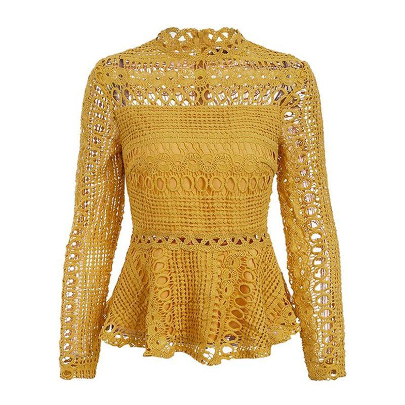 Young Women Solid Color Lace Fabric Long-sleeve Mock Neck Blouse