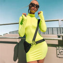 Zipper Pattern Stand Collar Neon Color Long-sleeve Mini Tight Dress