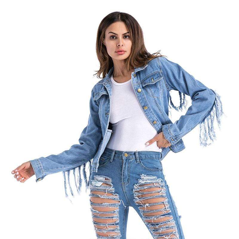 TIY Denim Punk Style Women Unique Tassel Detailing Casual Denim Jacket TIY