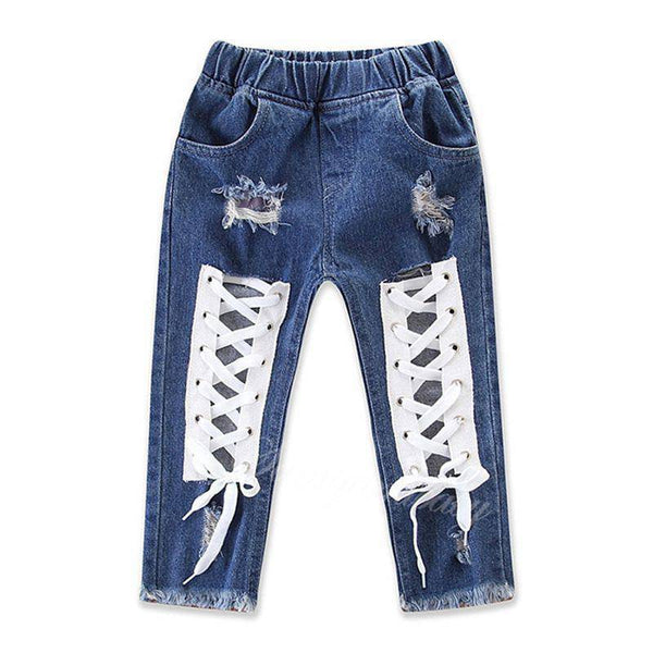 Stylish Girls Cotton Lace Up Design Ripped Denim Jeans