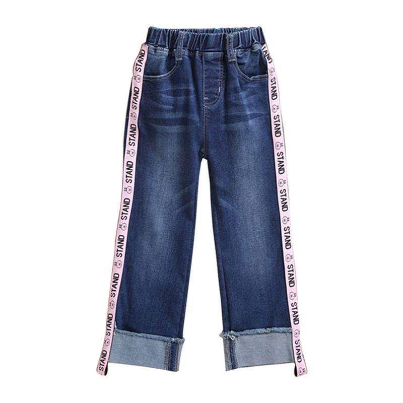 Stylish Girls Cotton Letter Appliqued Straight Jeans