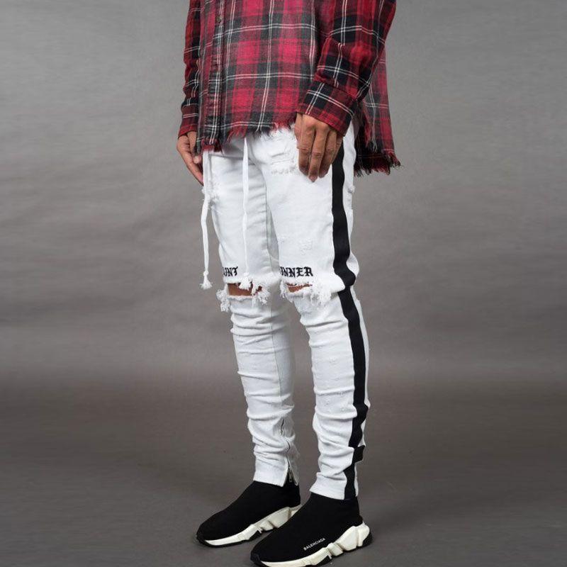 Stylish Men Cotton Line Print Ripped Jeans