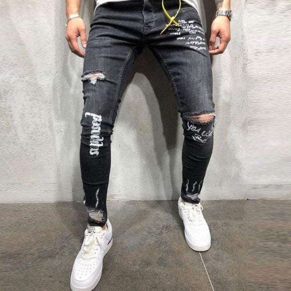 TIY Denim Stylish Men Letter Print Ripped Denim Jeans TIY