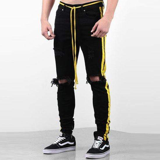 TIY Denim Stylish Men Side Yellow Stripe Ripped Skinny Jeans TIY