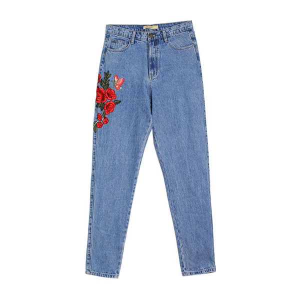 Stylish Red Flower Embroider In Side Leg Design High Rise Straight Jeans