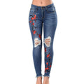Trendy Elastic Embroider Ripped Blue Tassel Design Pencil Jeans
