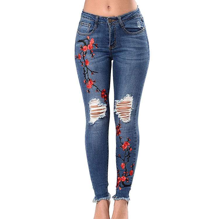 Trendy Elastic Embroider Ripped Blue Tassel Design Pencil Jeans