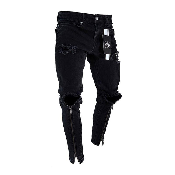 Unique Men Black Zipper Design Ripped Jeans