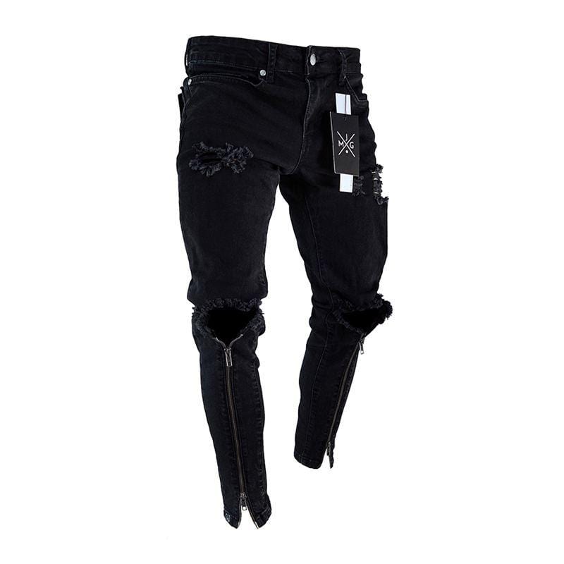 Unique Men Black Zipper Design Ripped Jeans