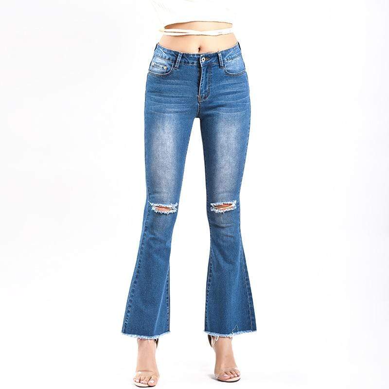 Unique Ripped Design Women Blue Color Raw Hem Flare Jeans