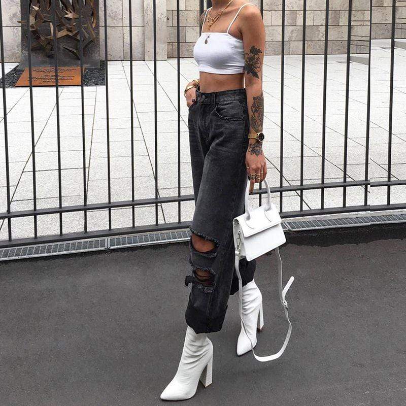 Women Street Style Casual Loose Pattern Destroy Flared Jeans