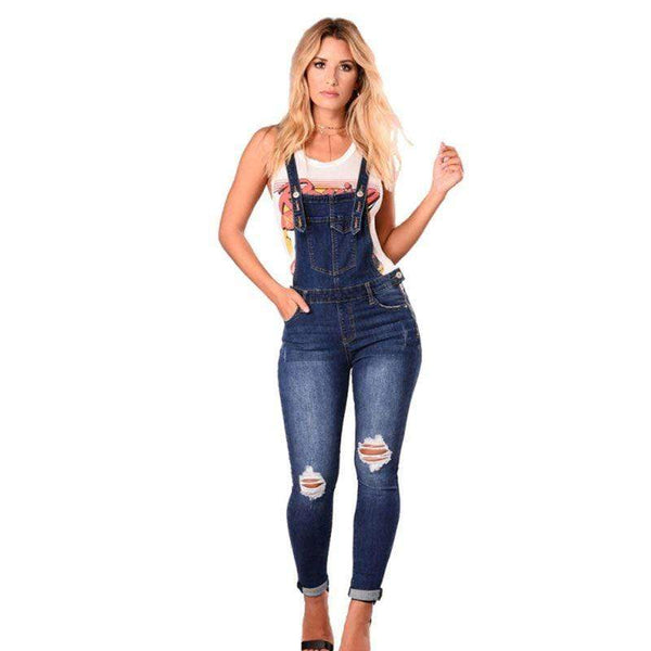 Women Street Style Ripped Design Suspender Jeans