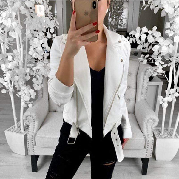 TIY Fleece Punk Women Solid Color Zipper Pattern Belted Jacket TIY