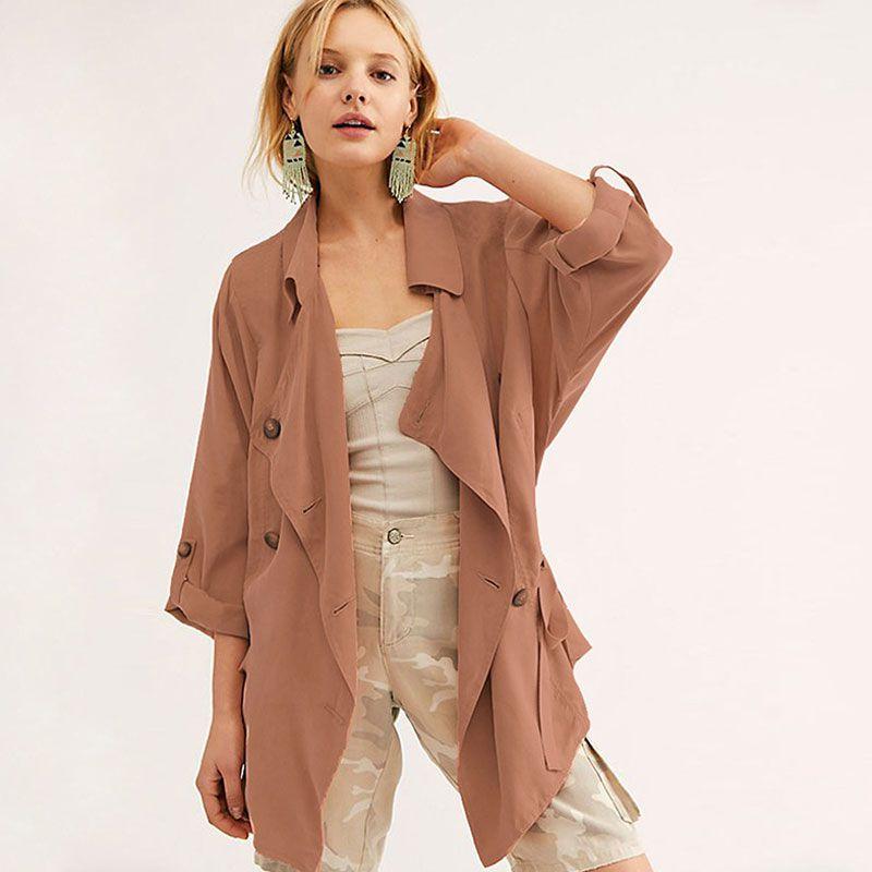 TIY Fleece Solid Color Lapel Collar Long-sleeve Drawstring Women Loose Windbreaker TIY