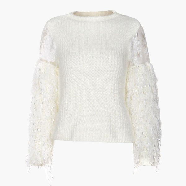 Sweet Tassel Feather Design Women Solid Color Patchwork Sweatshirt