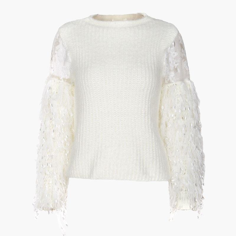 Sweet Tassel Feather Design Women Solid Color Patchwork Sweatshirt