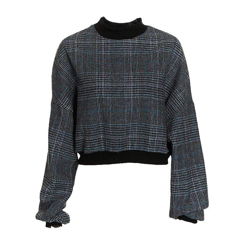 Trendy Women Hot Sale Casual Style Plaid Print Lantern Sleeves Sweatshirt