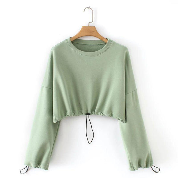 Unique Drawstring Hemline Women Street Style Long-sleeve Crop Sweatshirt