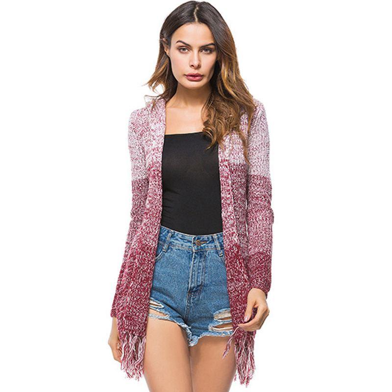 Unique Gradient Color Design Casual Style Knitted Cardigan With Tassel