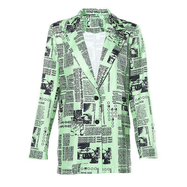 Unique Neon Green Color Newspaper Print Women Loose Pattern Blazer