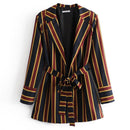 TIY Fleece Vintage Lace-up Sash Decor Women Block Color Stripes Print Blazer TIY