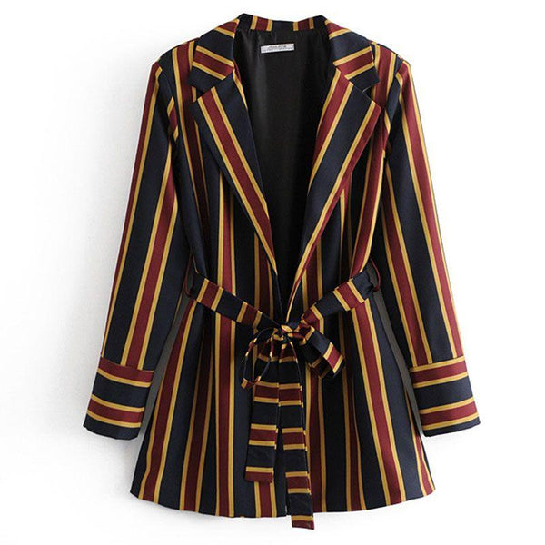 TIY Fleece Vintage Lace-up Sash Decor Women Block Color Stripes Print Blazer TIY
