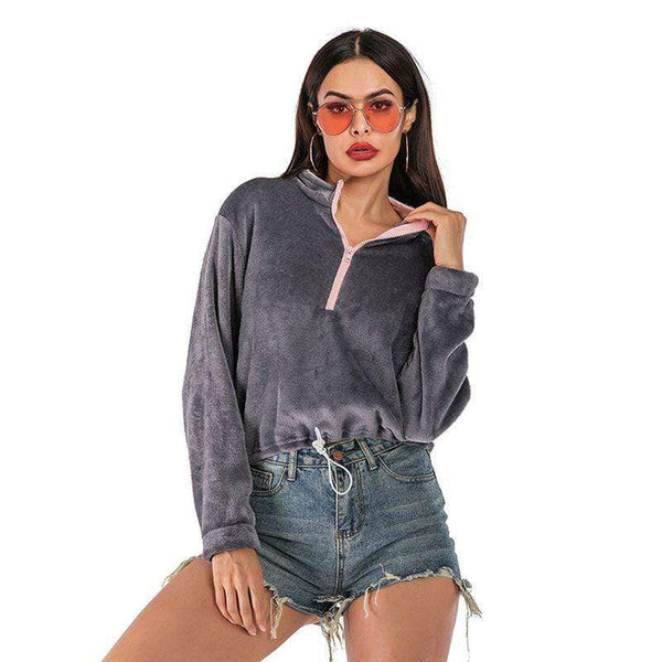TIY Fleece Vintage Solid Color Velvet Fabric Women Long Sleeve Casual Drawstring Hem Sweatshirt TIY