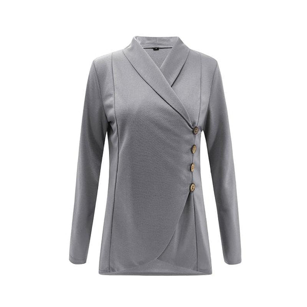 Women Solid Color Long-sleeve Irregular Buttoned Surplice Sweatshirt