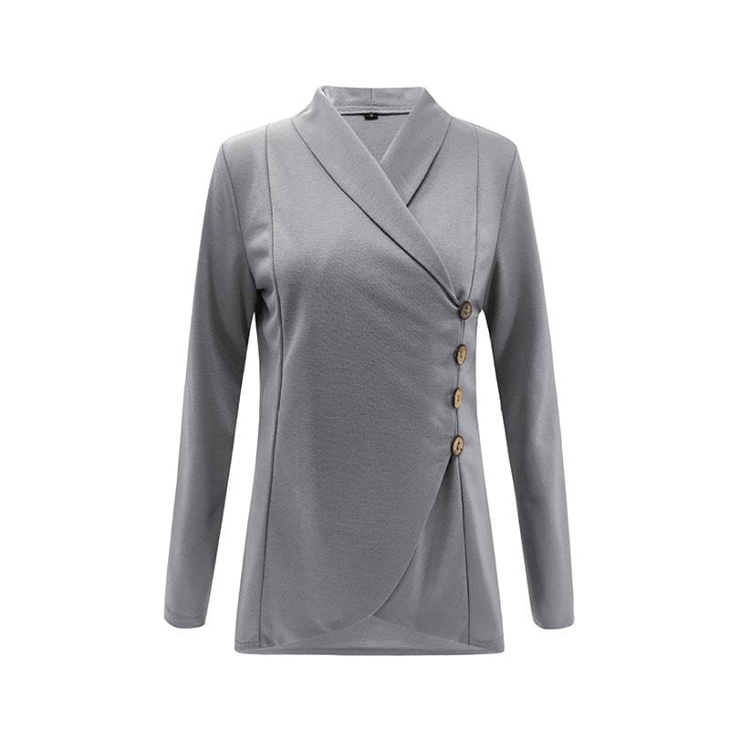 Women Solid Color Long-sleeve Irregular Buttoned Surplice Sweatshirt