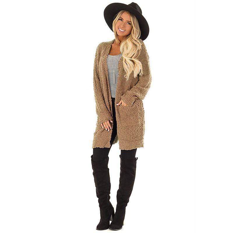 Women Solid Color Long Sleeves Loose Pattern Plush Cardigan